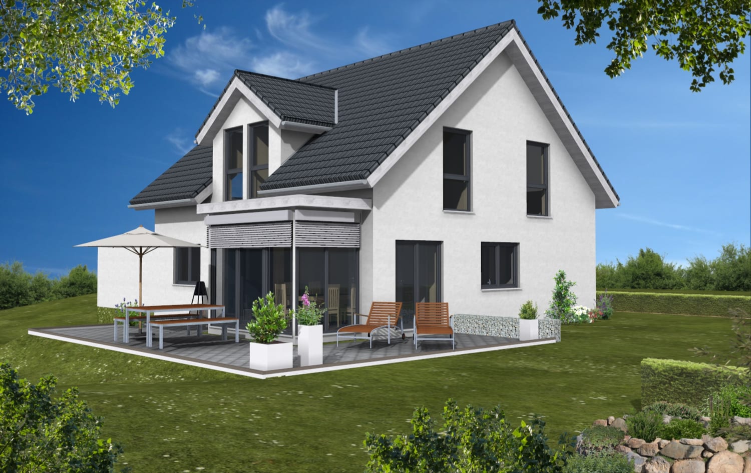 Einfamilienhaus mit Satteldach, Terrasse und Garten
